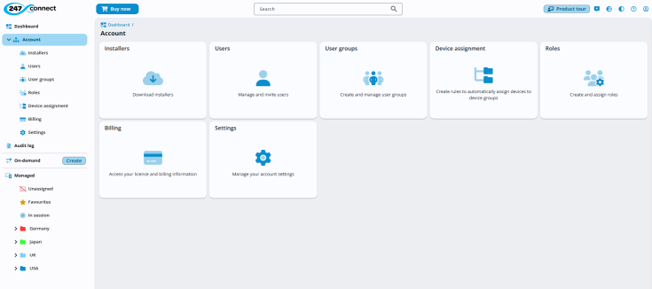 247connect dashboard showing the 'Account' section. The main panel displays seven large tiles labelled Installers, Users, User groups, Device assignment, Roles, Billing and Settings, each with a description and icon. 